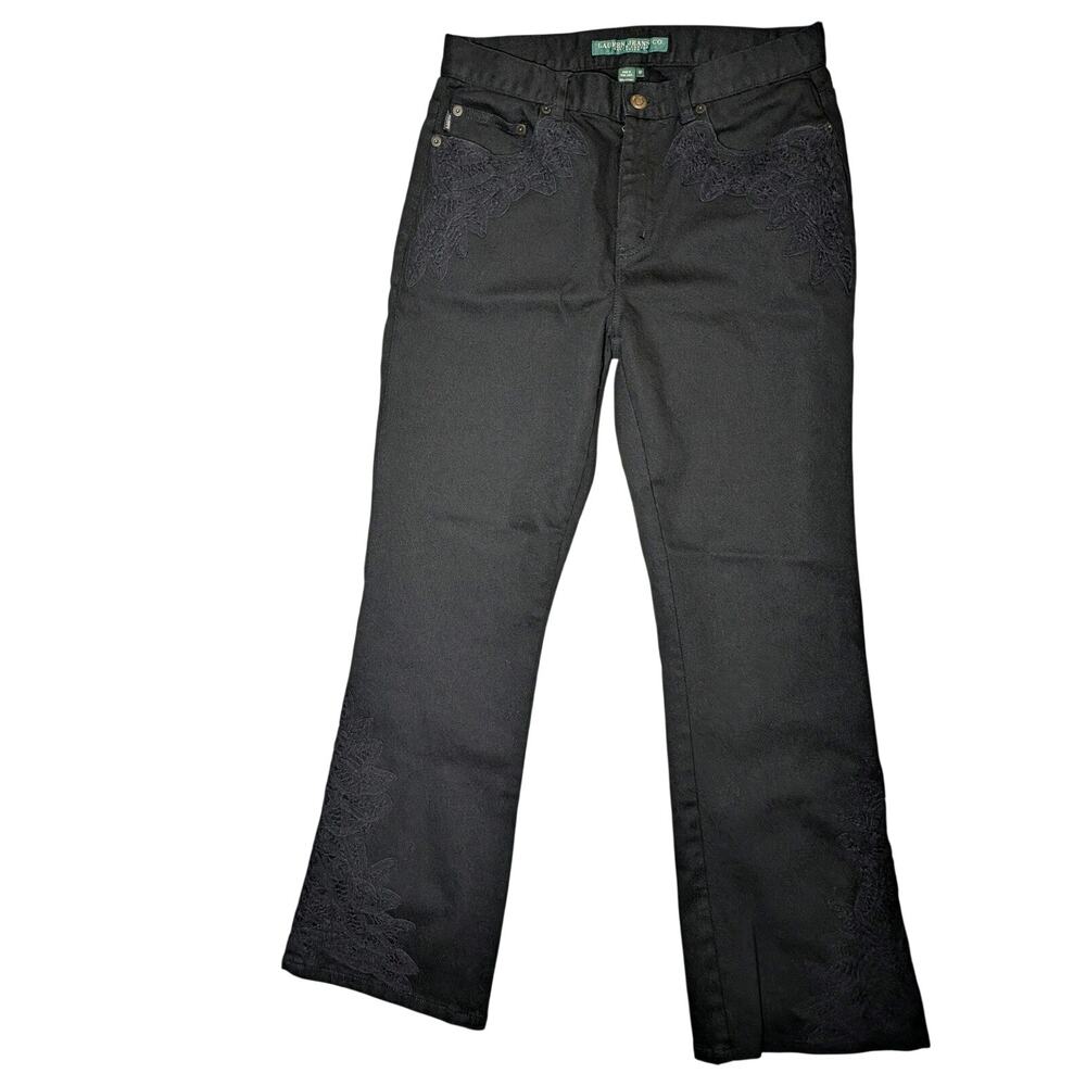 VTG Lauren Jeans Co 6P Black Lace Floral Embellished Bootcut Jean Ralph Lauren